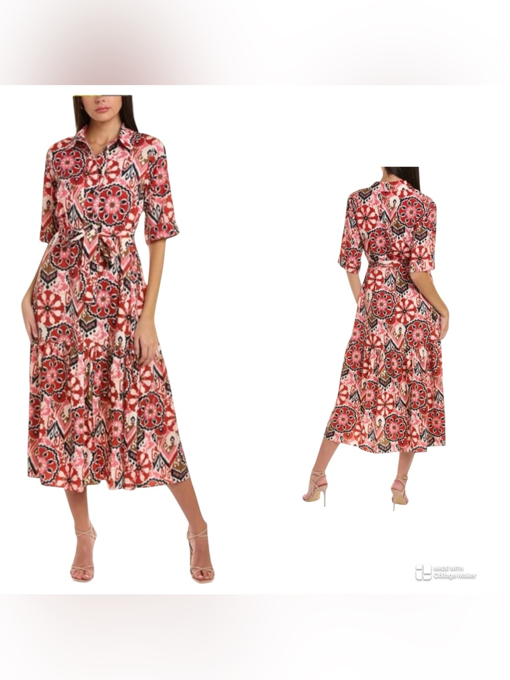 Zara Red and Pink Printed Midi Shirt Dress size S